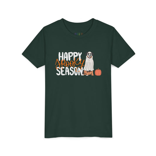Youth "Happy Spooky Season" Tee – Cute Halloween Dog & Pumpkin Shirt