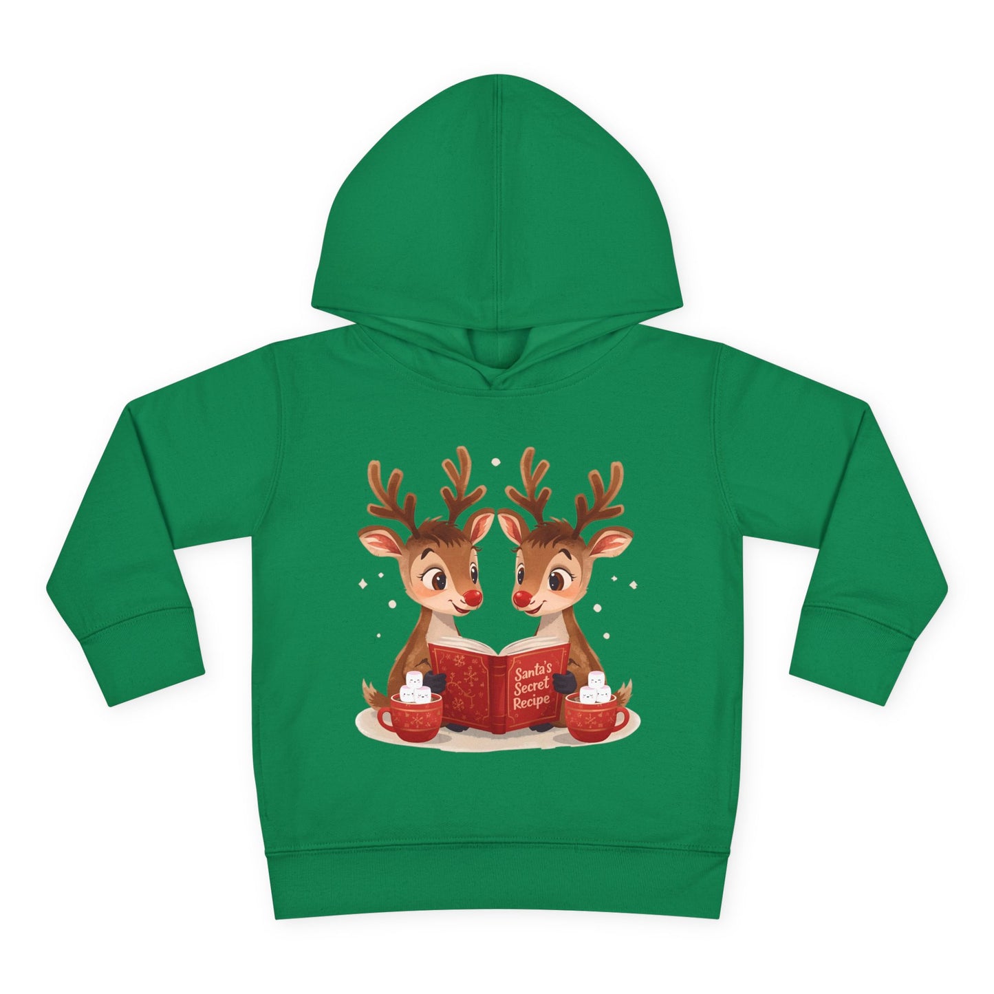 Green hoodie with two reindeer reading a book together as they enjoy cups of hot chocolate with large marshmallows