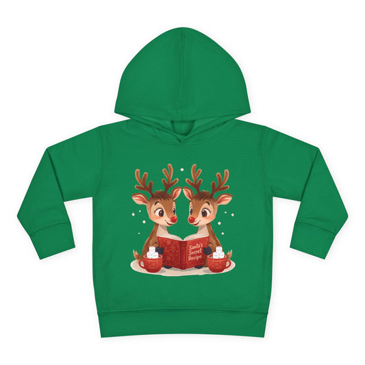 Green hoodie with two reindeer reading a book together as they enjoy cups of hot chocolate with large marshmallows