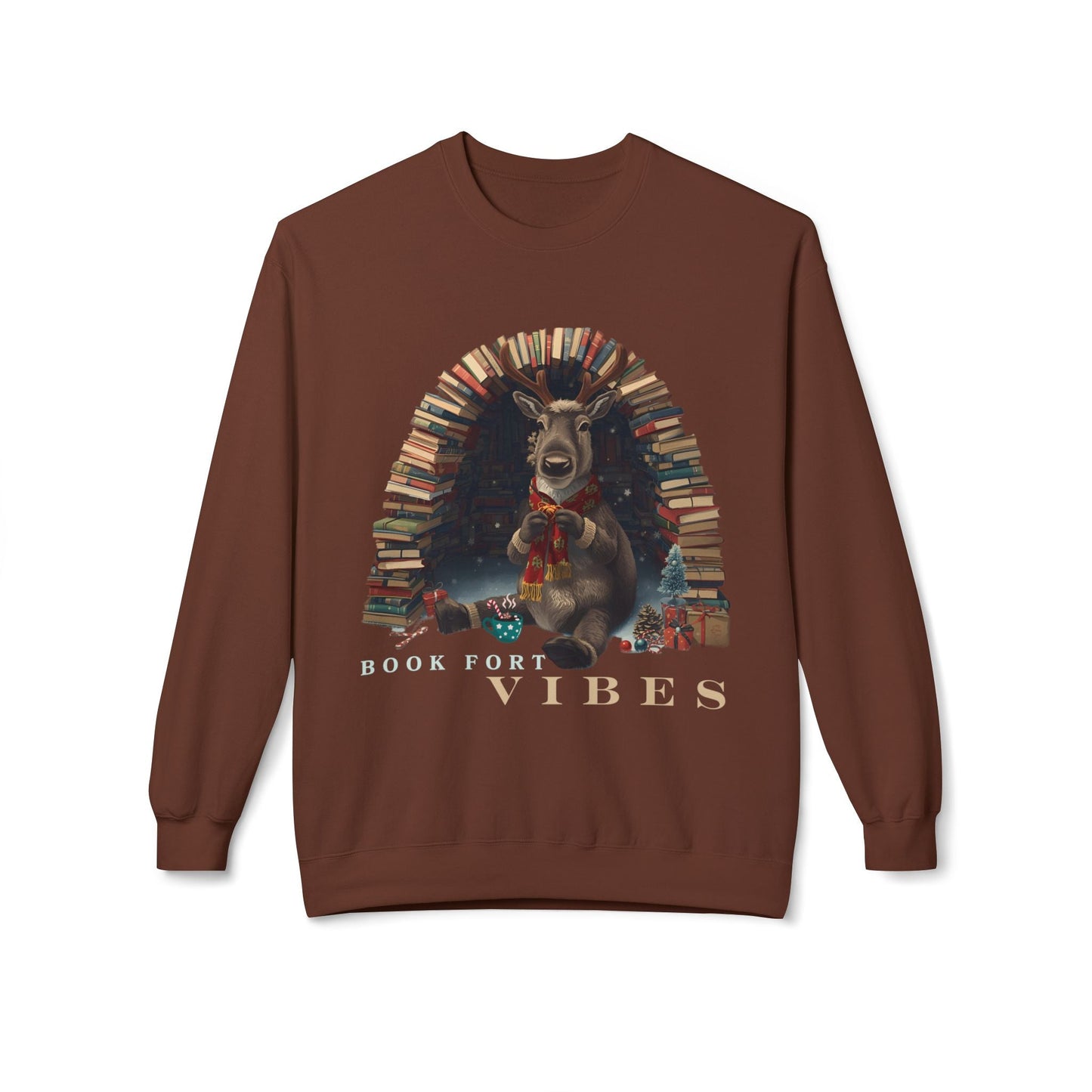Teen/Adult Unisex Book Fort Vibes Sweatshirt â€“ Cozy Reindeer Reading Nook Holiday Design Printify