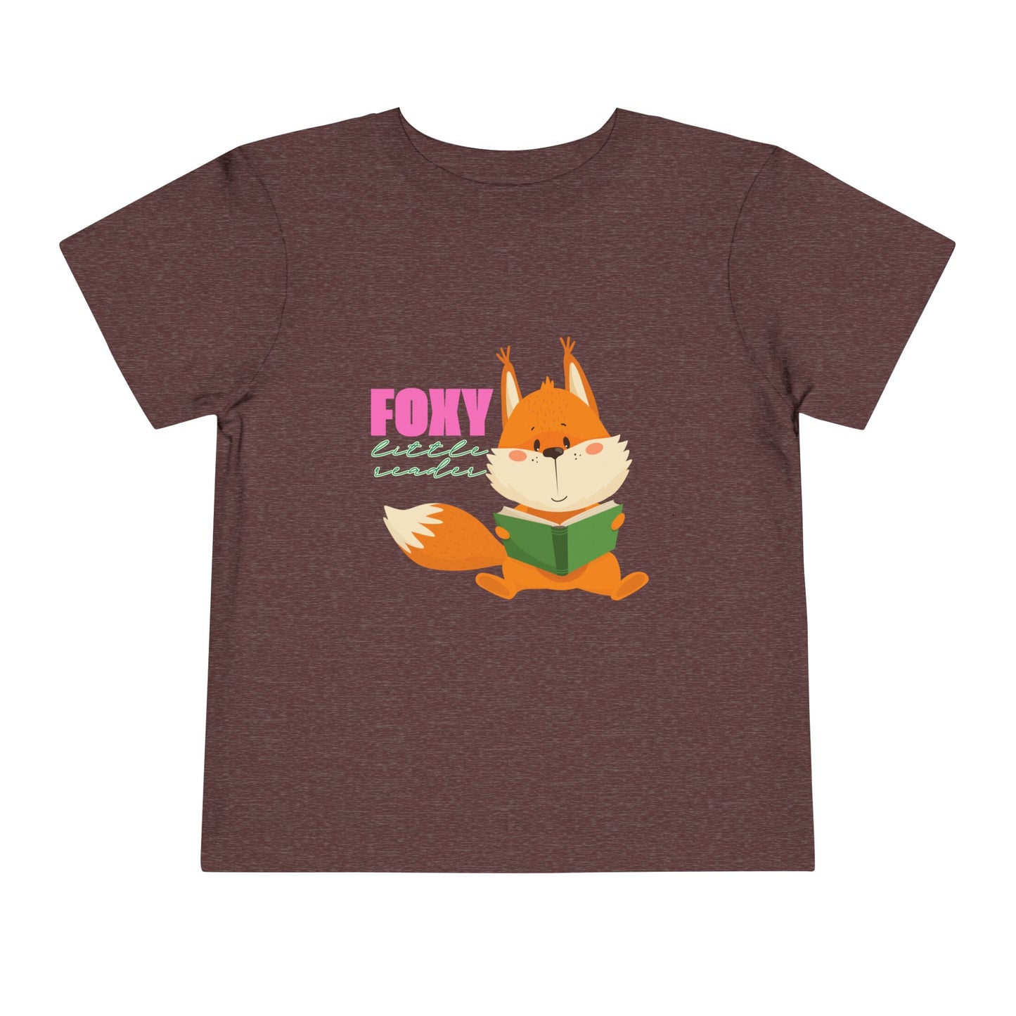 Maroon toddler t-shirt with a fox reading a book graphic and 'Foxy Little Reader' text 