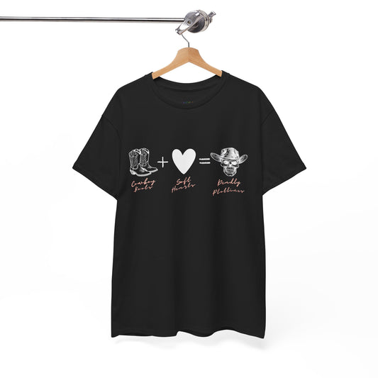 Teen/Adult Unisex Tee Cowboy Boots + Soft Heart = Deadly Plotline