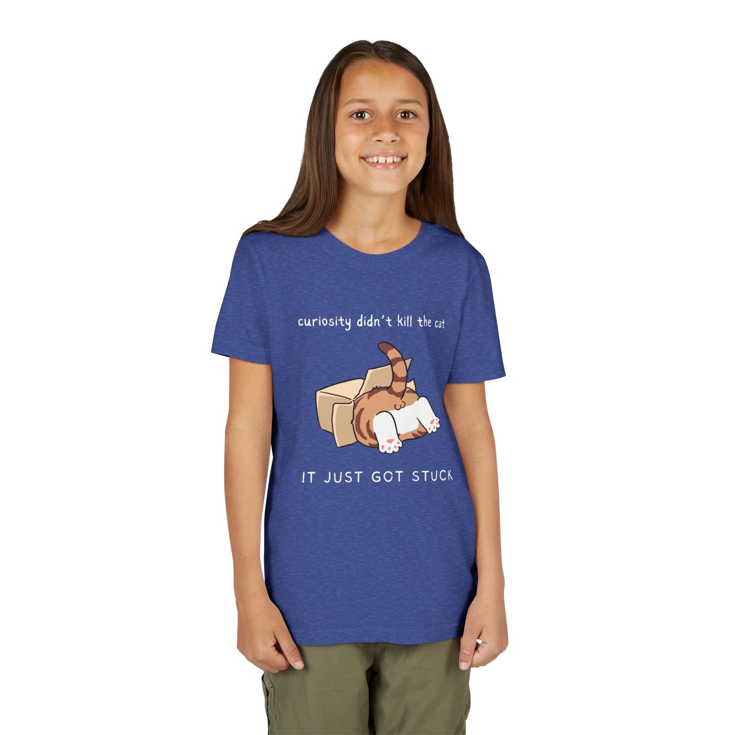 Girl wearing a blue t-shirt with a cat inside a box and text 'curiosity didn't kill the cat, it just got stuck' 