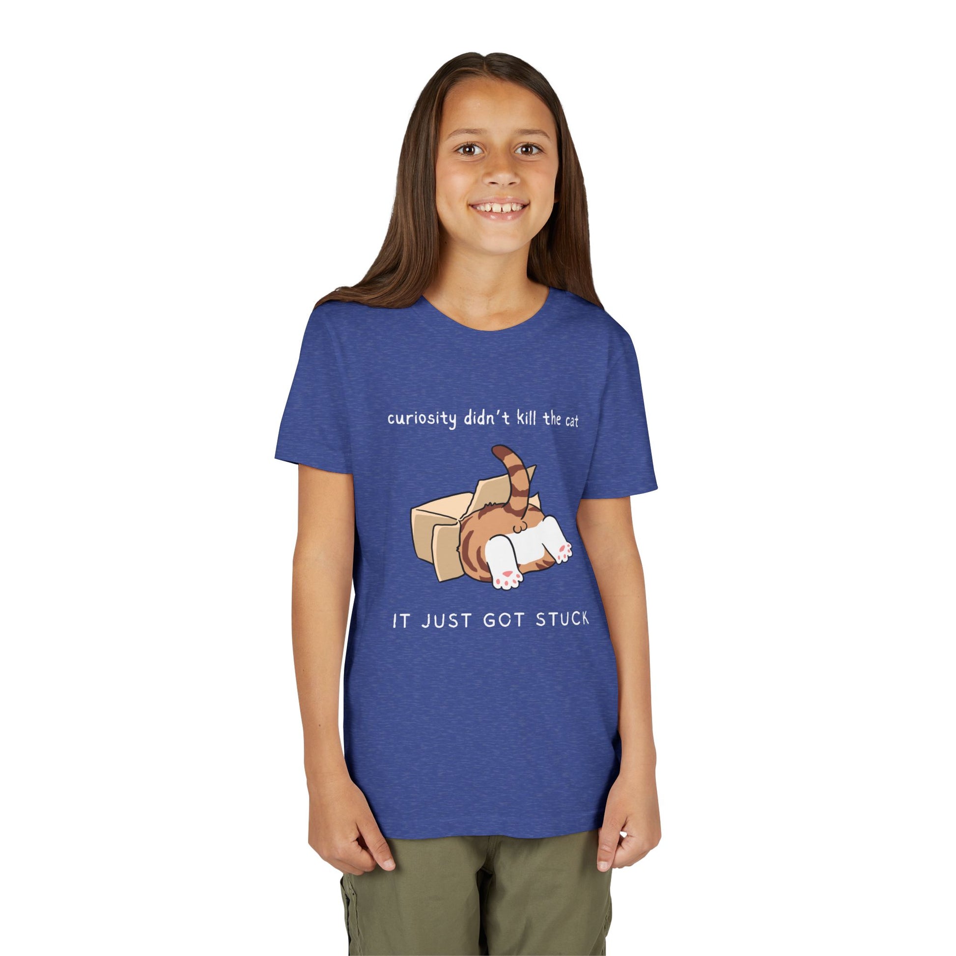 Girl wearing a blue t-shirt with a cat inside a box and text 'curiosity didn't kill the cat, it just got stuck' 