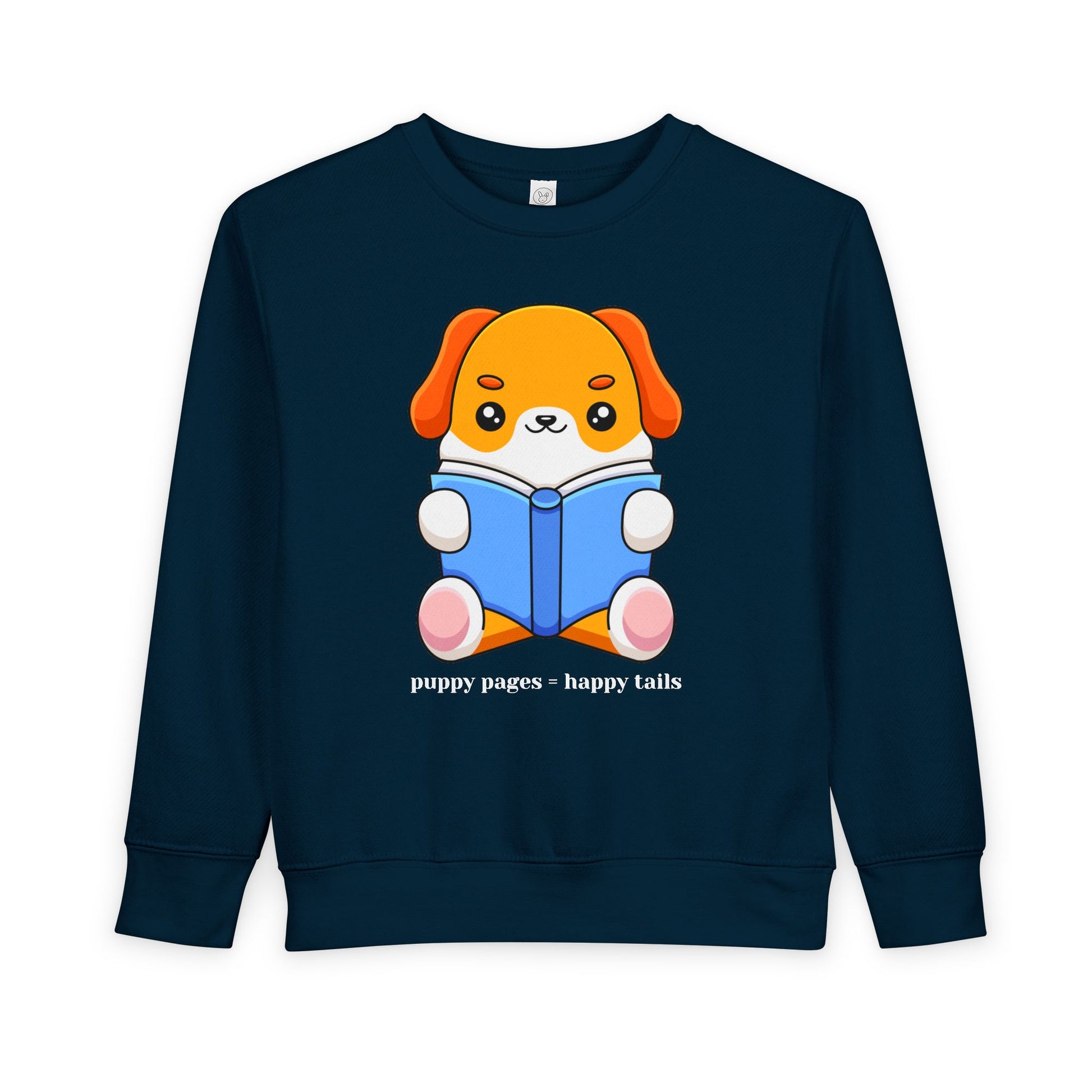 Navy blue toddler sweatshirt with a cartoon dog reading a book and text 'puppy pages - happy tails'