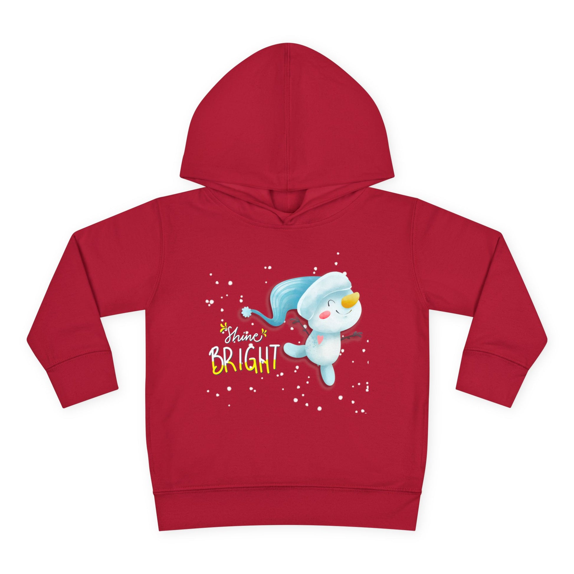Red toddler hoodie with a snowman dancing through the snow graphic and 'Shine Bright' text on a white background