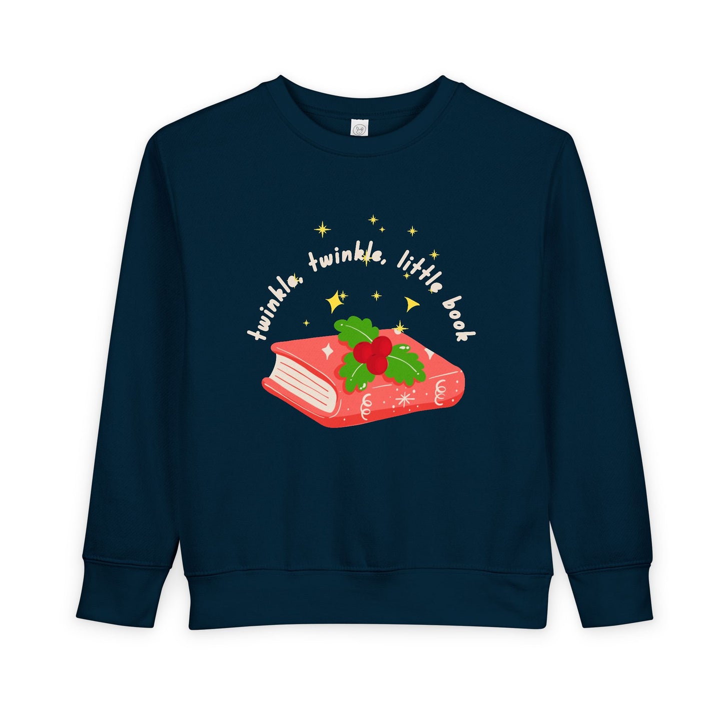 Navy blue toddler sweatshirt with a red book graphic and 'twinkle twinkle little book' text on a white background