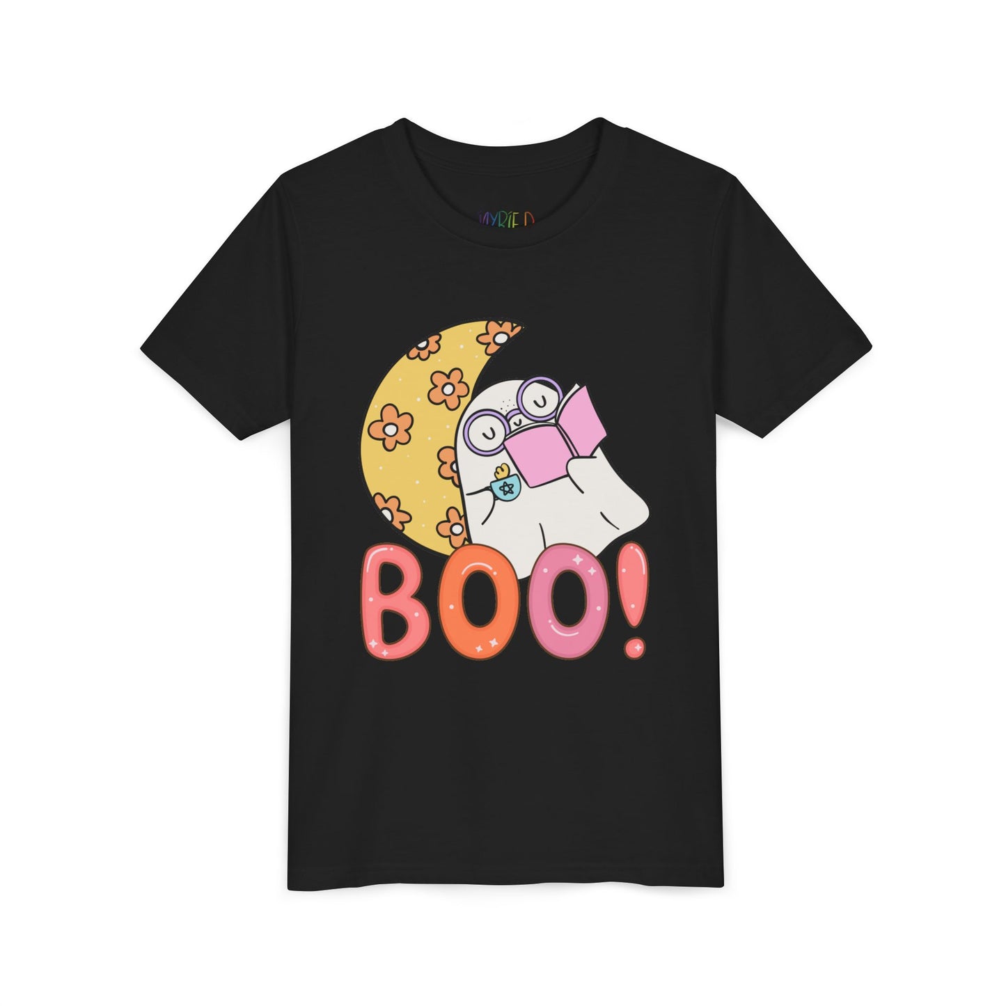 Black t-shirt with a cartoon ghost leaning on a crescent flowered moon with a hot beverage and a good book, text 'BOO!' in large letters 