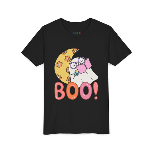 Black t-shirt with a cartoon ghost leaning on a crescent flowered moon with a hot beverage and a good book, text 'BOO!' in large letters 