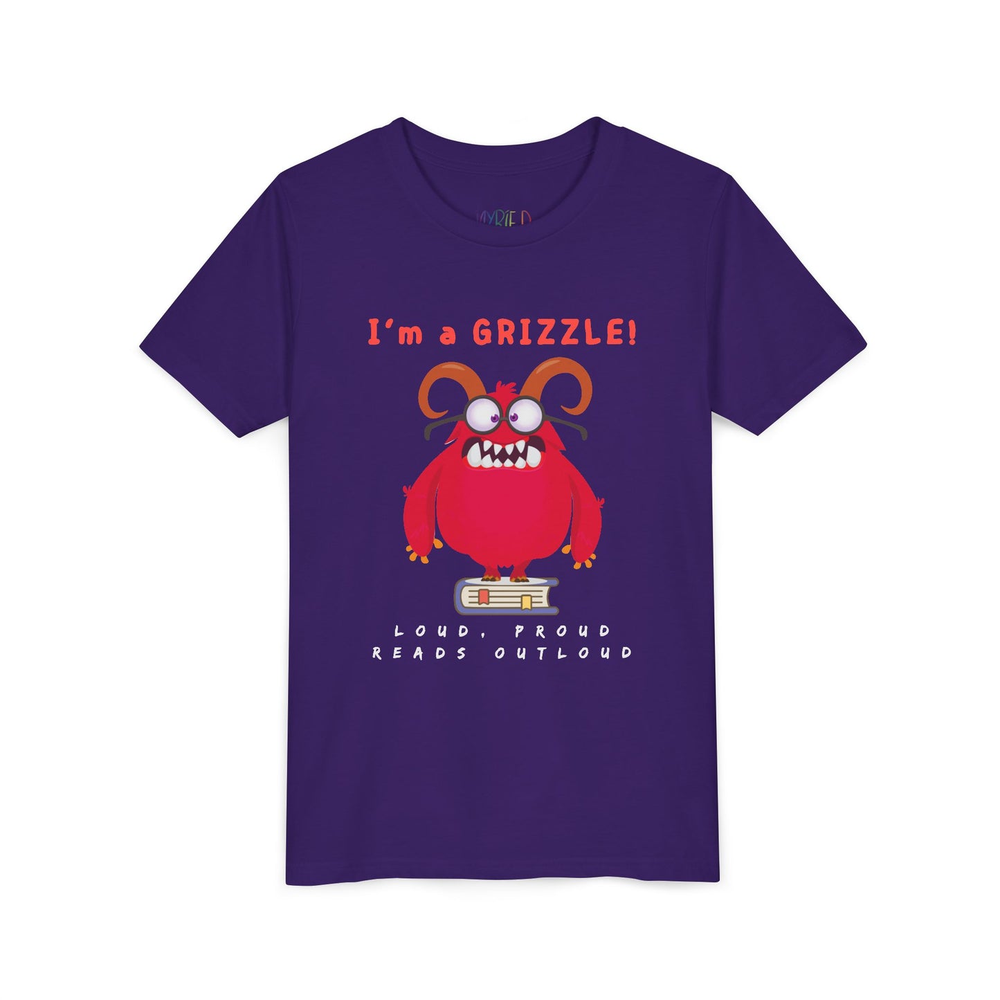 Purple personality t-shirt with a red eye glass wearing monster standing on a book and announcing 'I'm a GRIZZLE!'