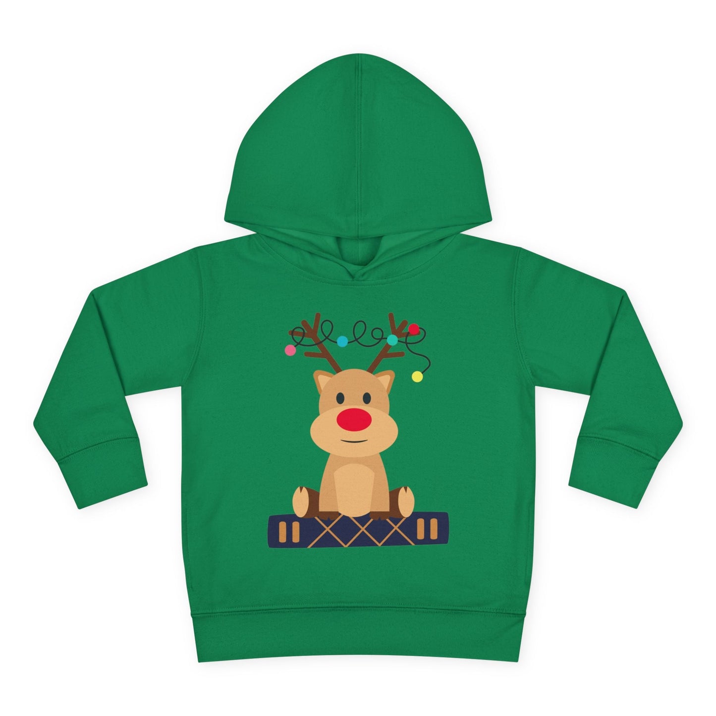 Green toddler hoodie with a reindeer sitting on a book and colorful Christmas lights tangled in it's antlers, on a white background