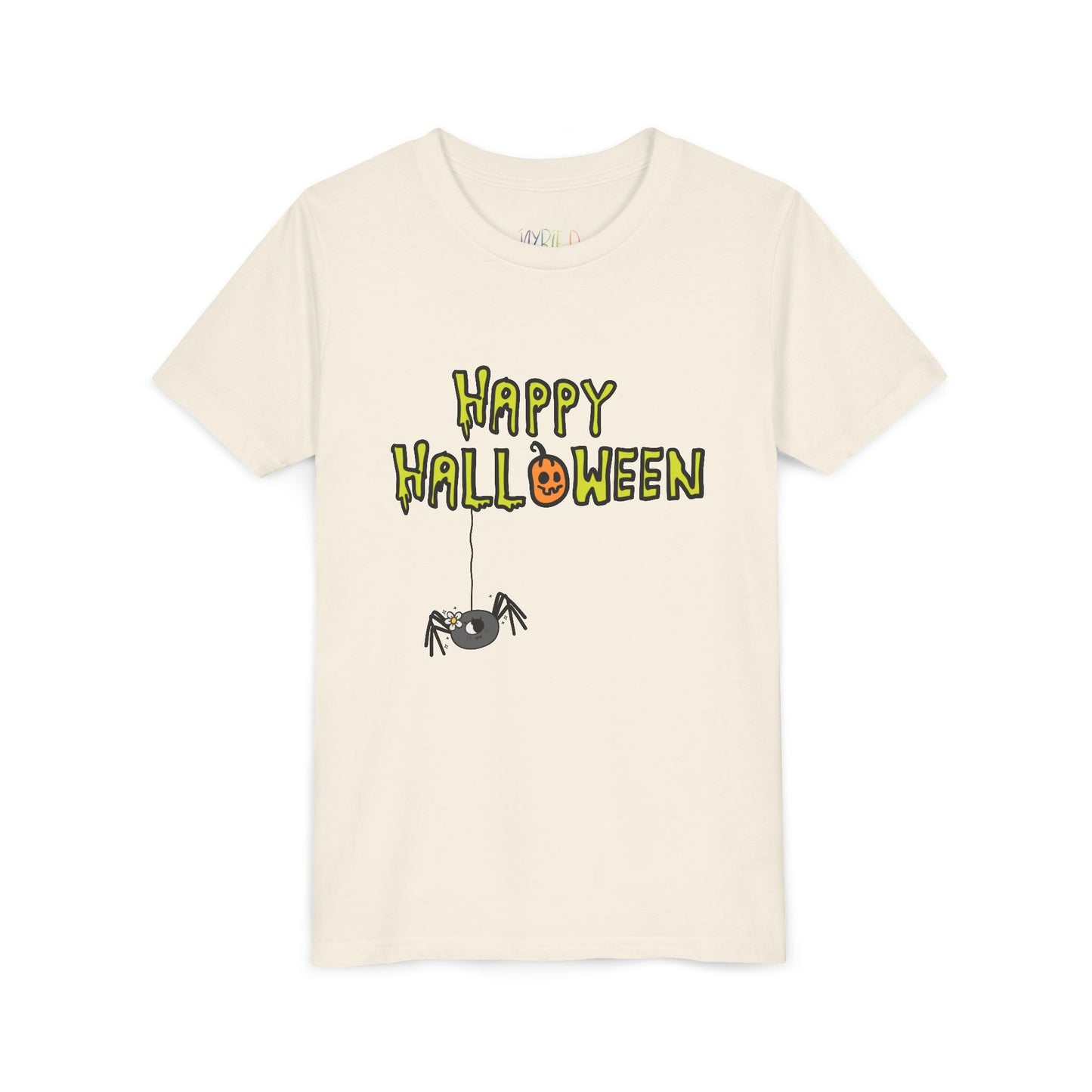 Beige t-shirt with creepy 'Happy Halloween' text and dangling spider