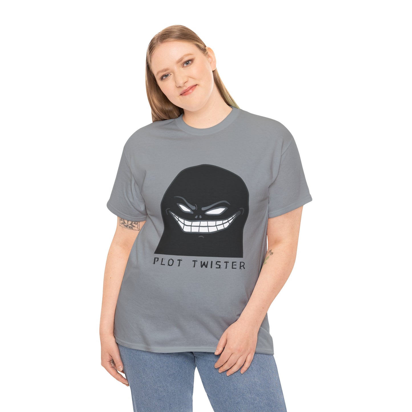 Woman wearing a gray t-shirt with a sinister character and text 'Plot Twister' on a hanger against a white background