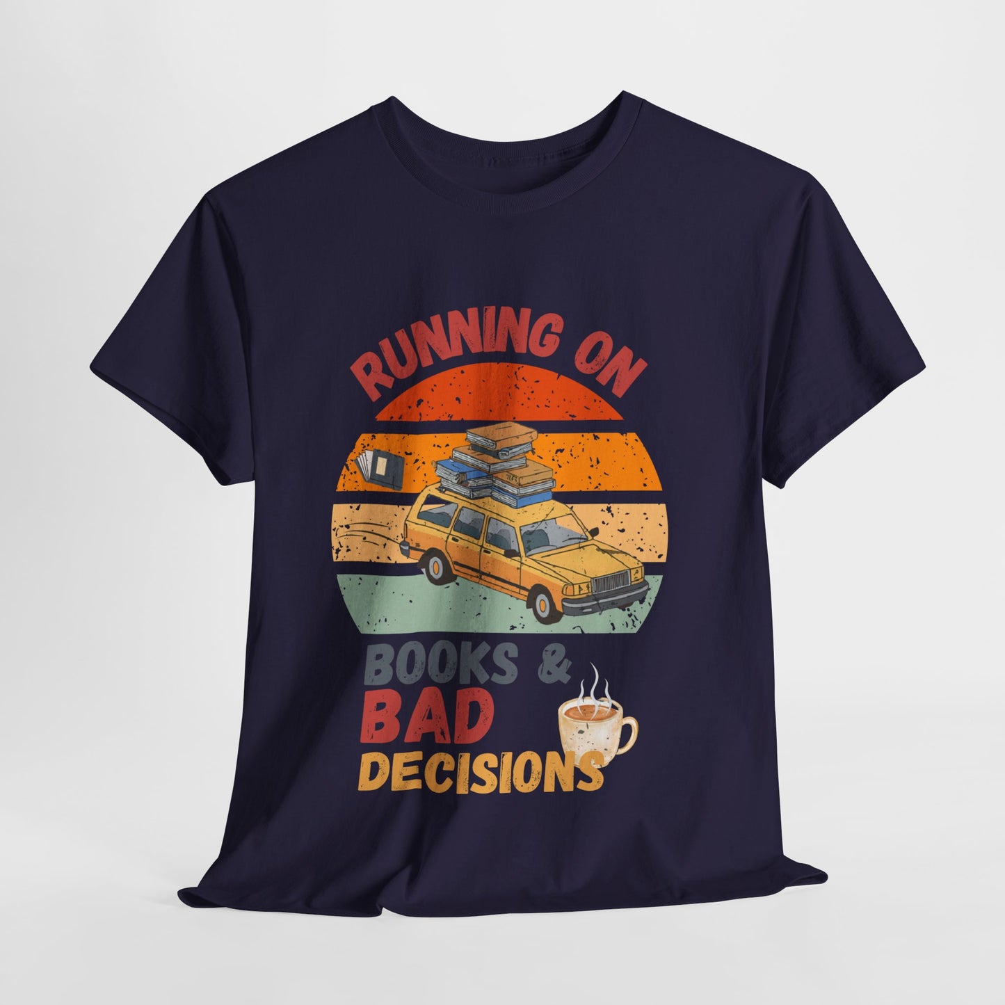 Teen/Adult Unisex Running on Books & Bad Decisions Tee – Funny Retro Reader Shirt for Book Addicts (Coffee Edition)
