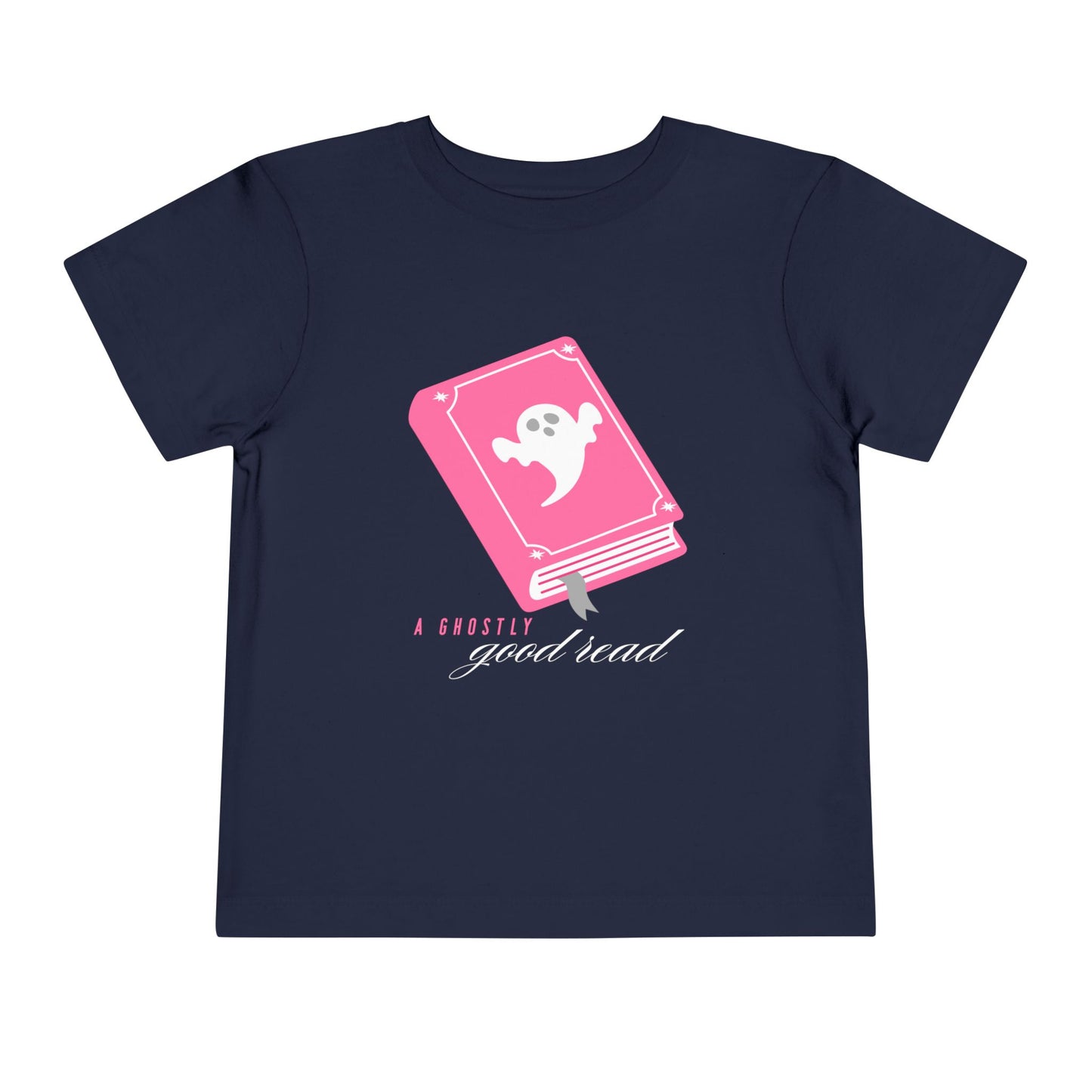 Navy t-shirt with pink book with a ghost on the cover and text 'A ghostly good read' 