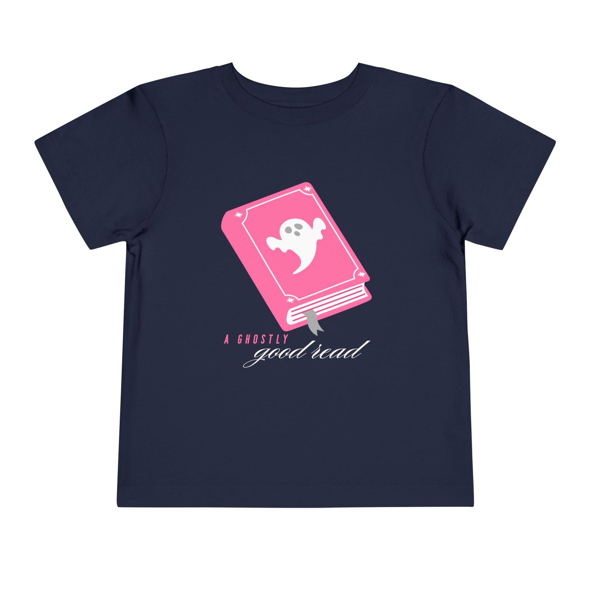 Navy t-shirt with pink book with a ghost on the cover and text 'A ghostly good read' 