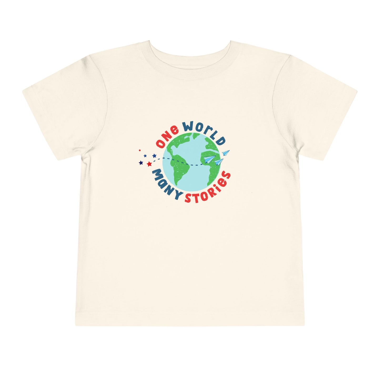 Beige t-shirt with a graphic of the Earth and 'One World, Many Stories' text 
