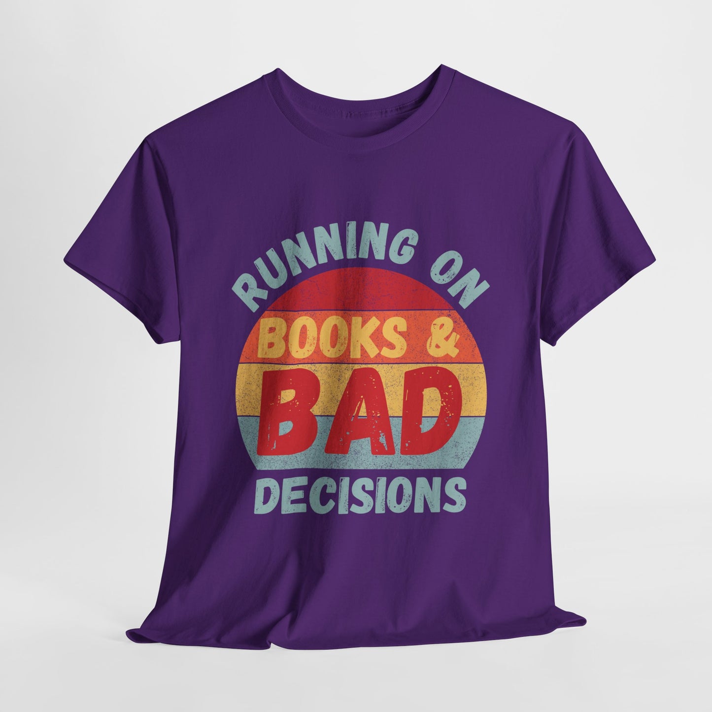 Teen/Adult Unisex Running on Books & Bad Decisions Tee – Funny Retro Reader Shirt for Book Addicts (Curve Edition)