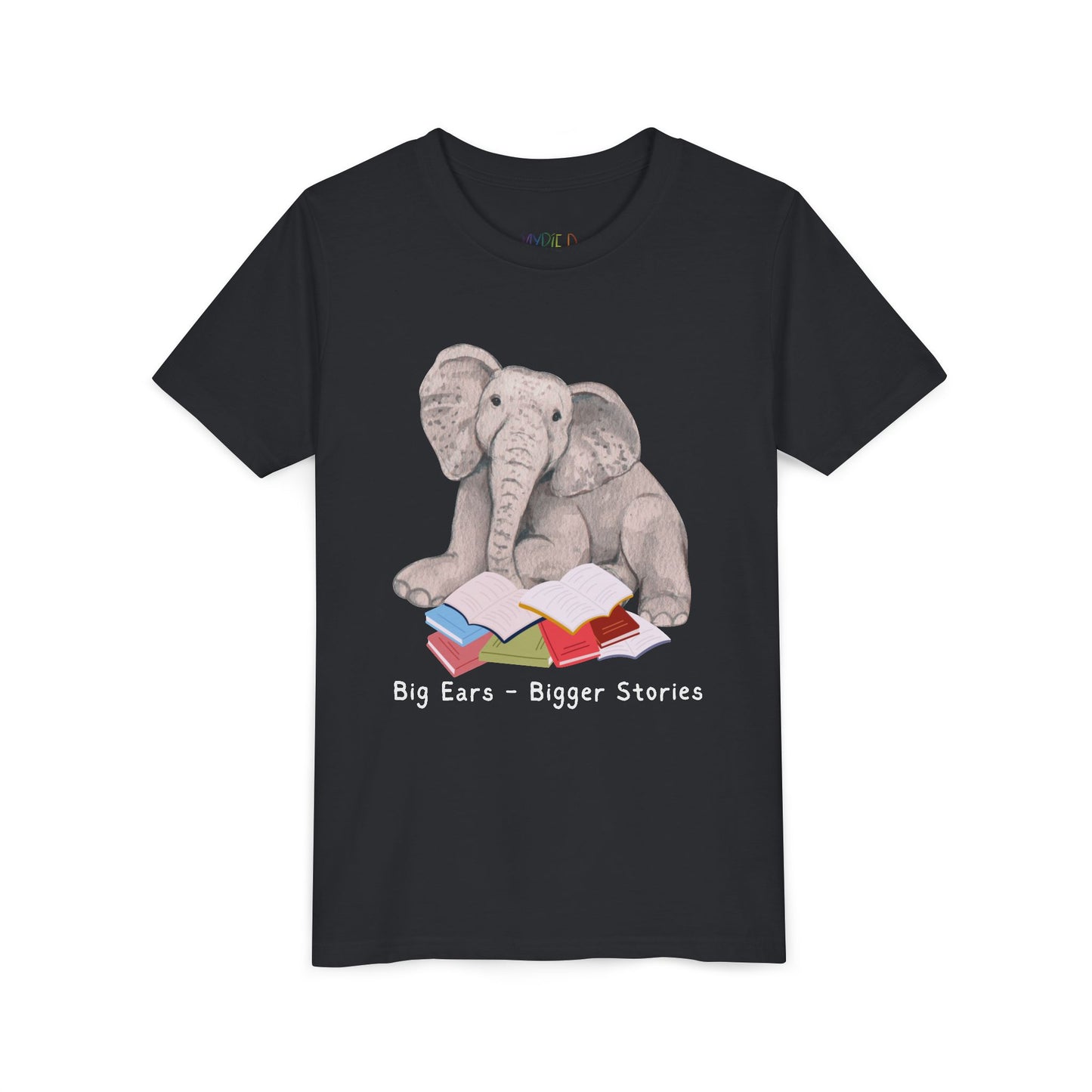 Youth Big Ears – Bigger Stories Tee – Elephant Reading Shirt for Thoughtful Little Listeners