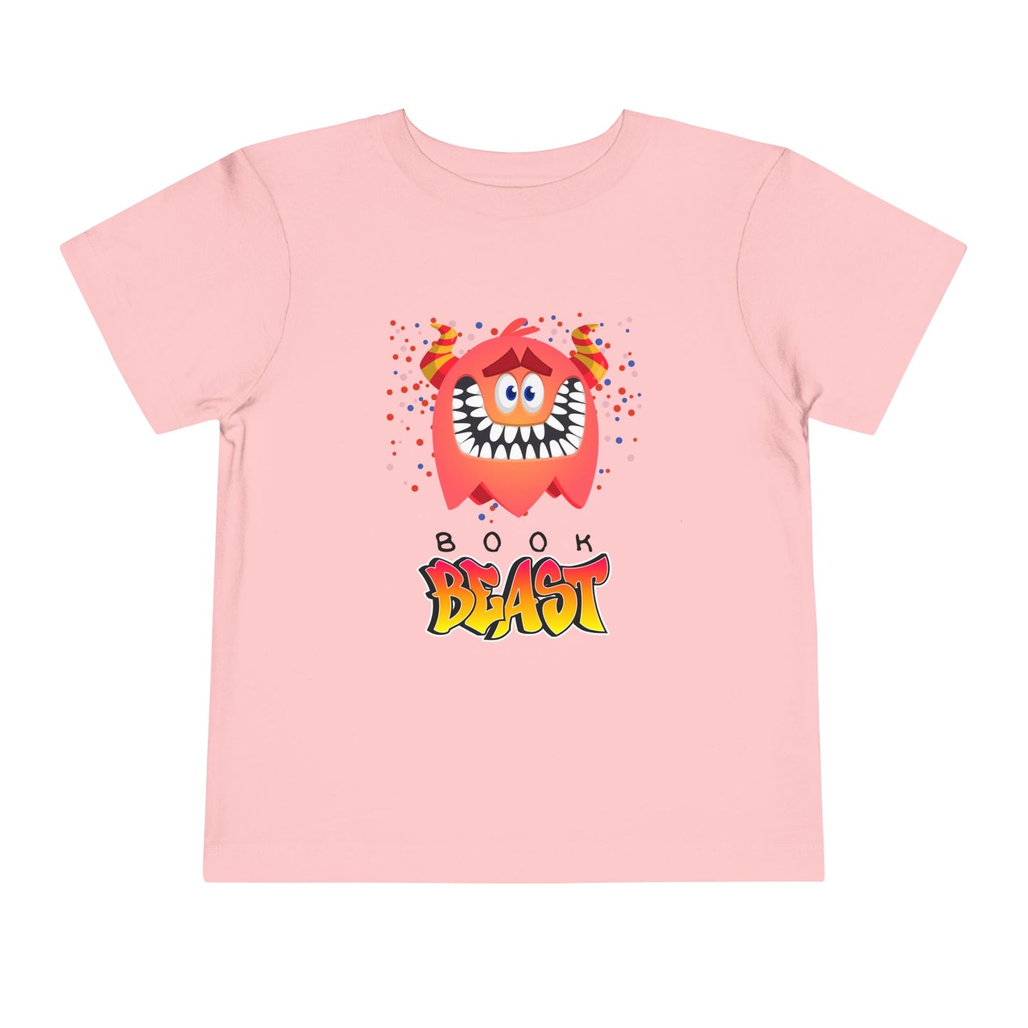 Pink toddler t-shirt with a toothy grinning monster surrounded by colorful confetti and 'Book Beast' text 