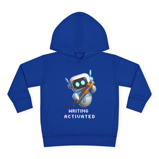 Blue hoodie with a robot graphic writing with a very large pen and text 'Writing Activated' 