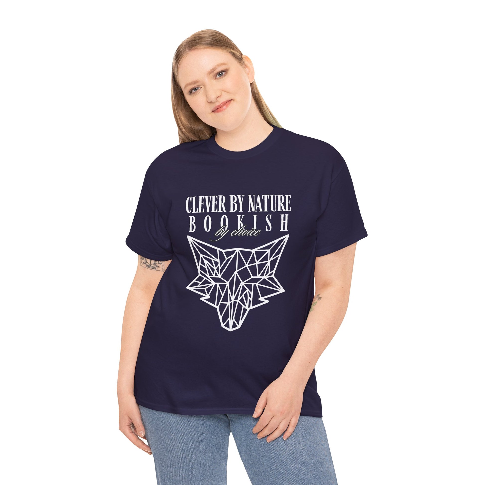 Woman wearing a dark blue t-shirt with white geometric fox design and text 'Clever by Nature, Bookish By Choice'