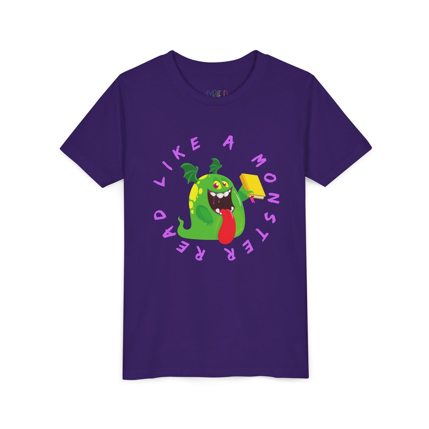 Purple t-shirt with a wide mouthed green monster holding a yellow book, circled by purple text 'Read Like A Monster' 