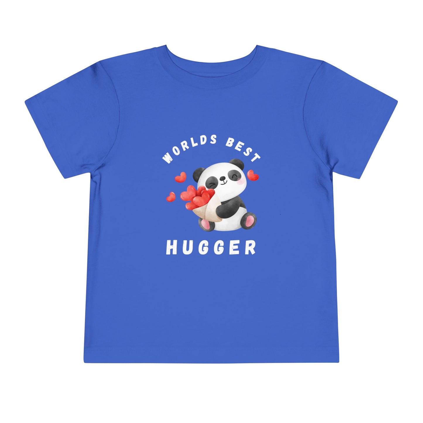 Blue toddler t-shirt with a panda holding hearts and 'Worlds Best Hugger' text 