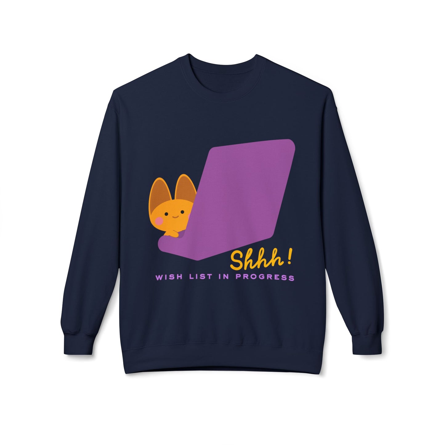 Navy blue sweatshirt with a cat peeking around a purple laptop screen, text 'Shhh! Wish list in progress' on a white background.
