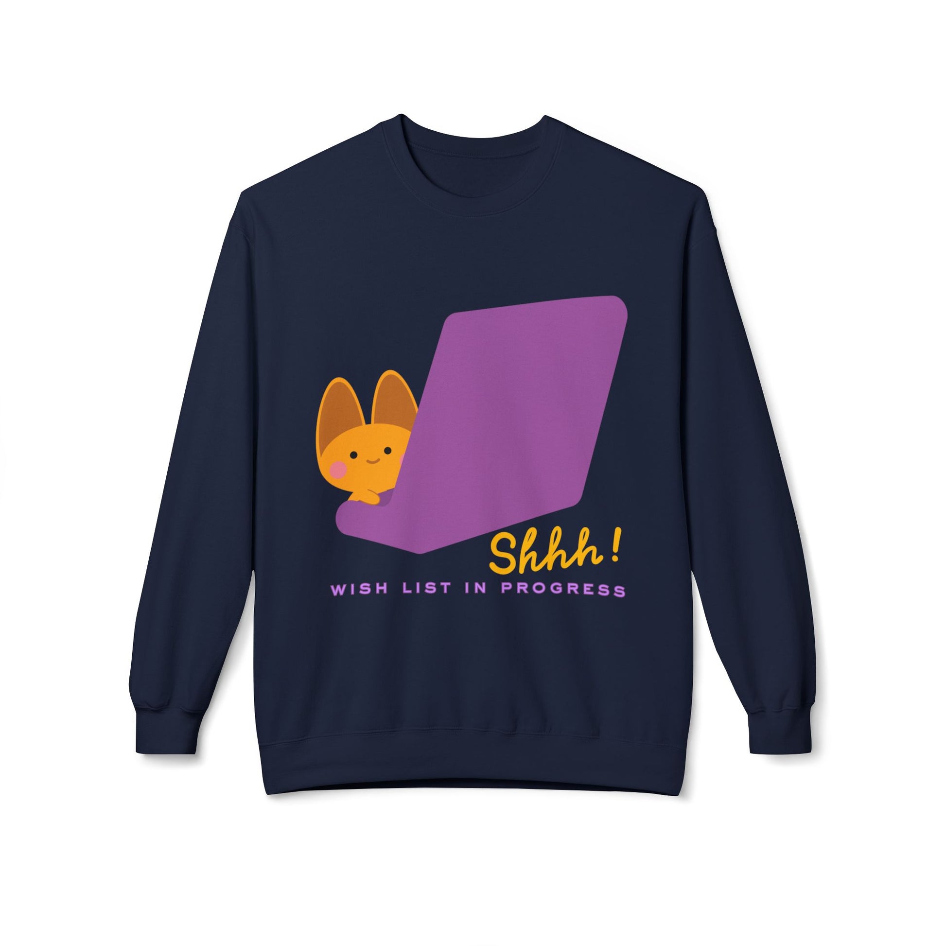 Navy blue sweatshirt with a cat peeking around a purple laptop screen, text 'Shhh! Wish list in progress' on a white background.