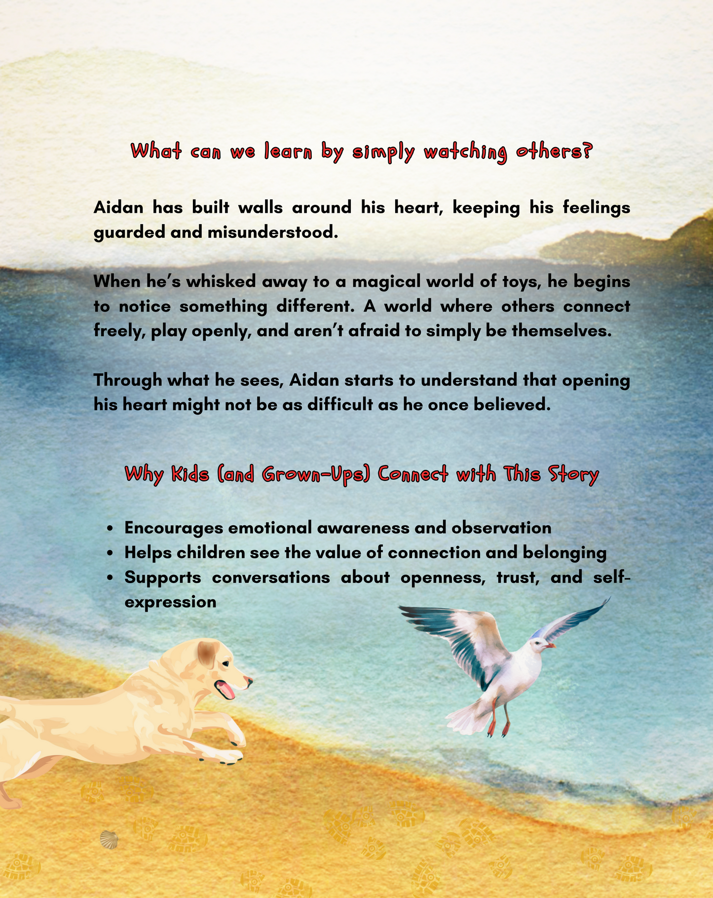 Back cover of Beware The Guarded Heart by Jaybie D featuring a peaceful shoreline with a dog and seagull in a thoughtful story about emotional awareness, trust, belonging, and opening your heart to others