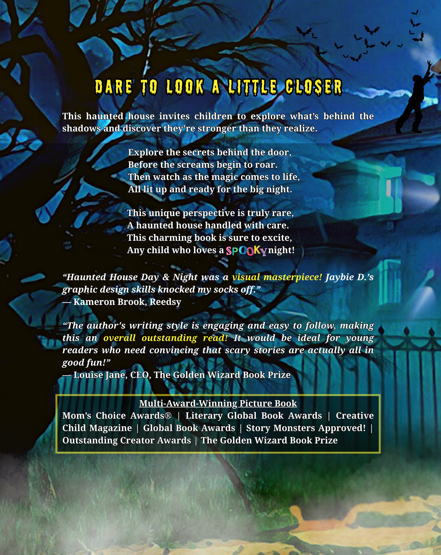 Back cover of Haunted House A Day & Night Tour picture book by Jaybie D showing a spooky nighttime house with synopsis, reviews, and award highlights
