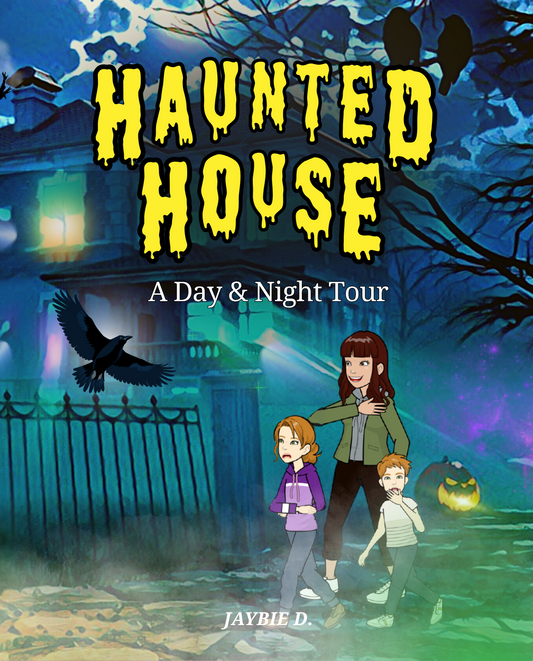 Cover image of Haunted House, A Day & Night Tour, by Jaybie D. Features a mom, daughter and son walking outside of a haunted house at night and being startled by a crow.