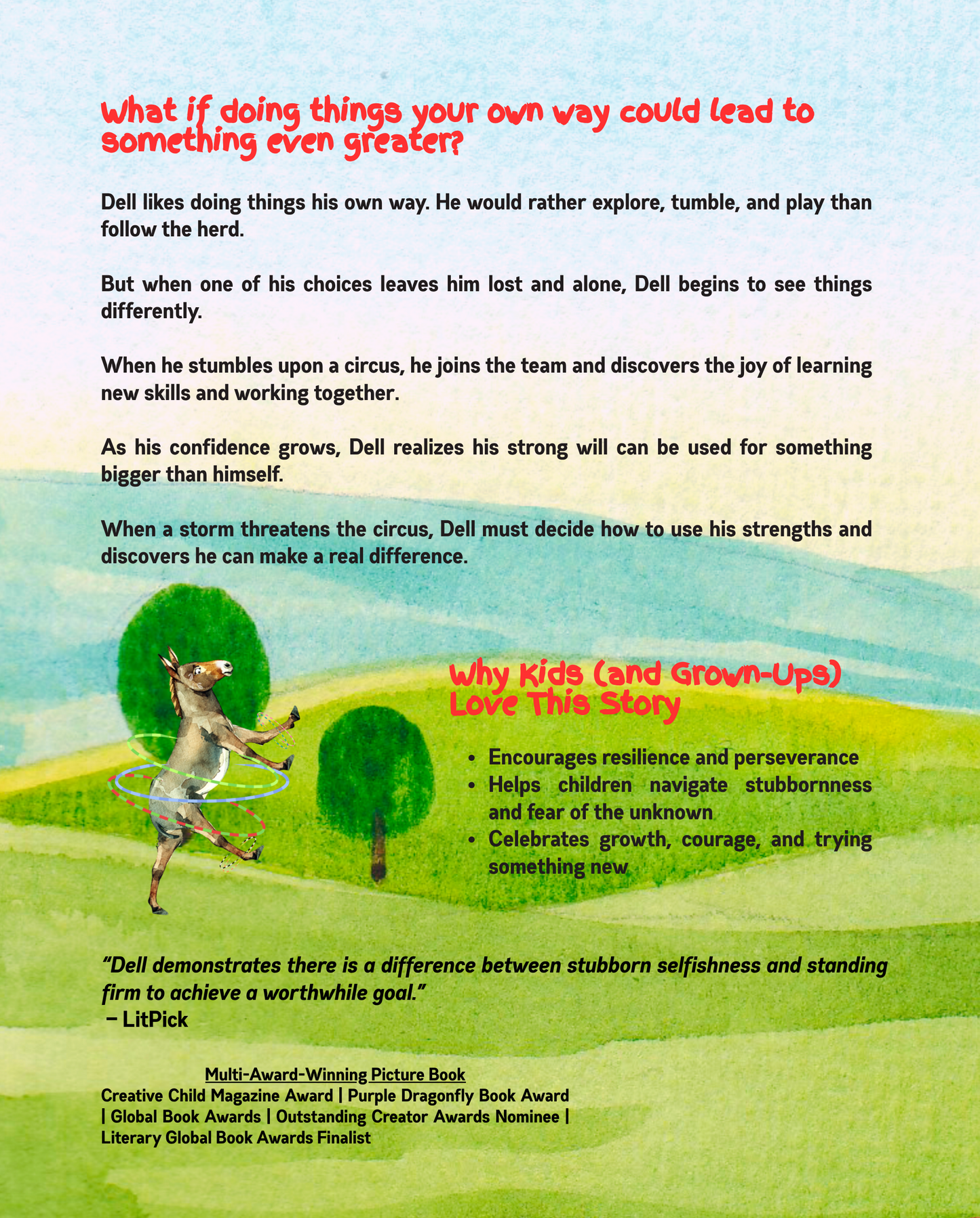 Back cover of Donkey Dell by Jaybie D describing a stubborn donkey’s journey toward teamwork, resilience, confidence, and personal growth
