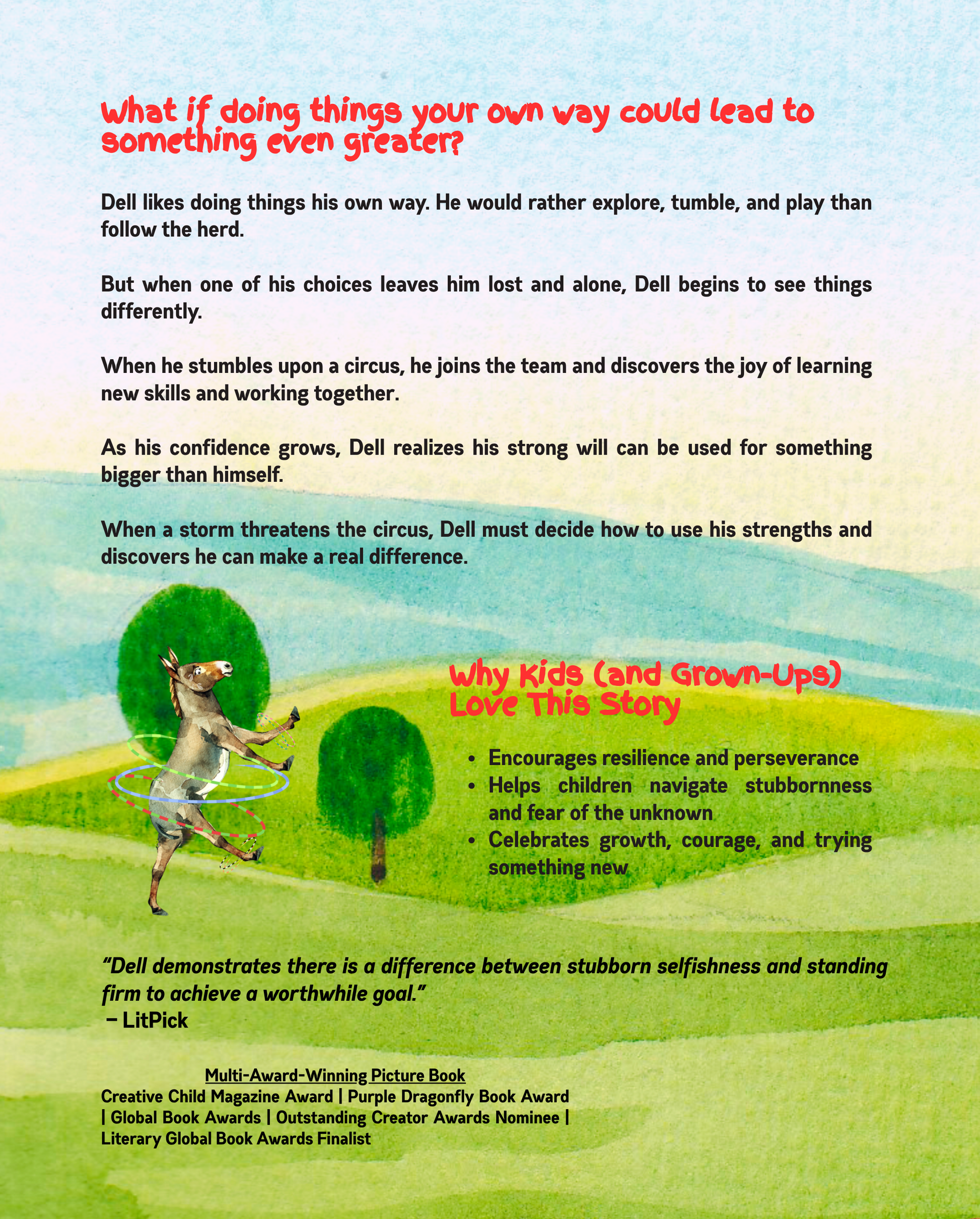 Back cover of Donkey Dell by Jaybie D describing a stubborn donkey’s journey toward teamwork, resilience, confidence, and personal growth