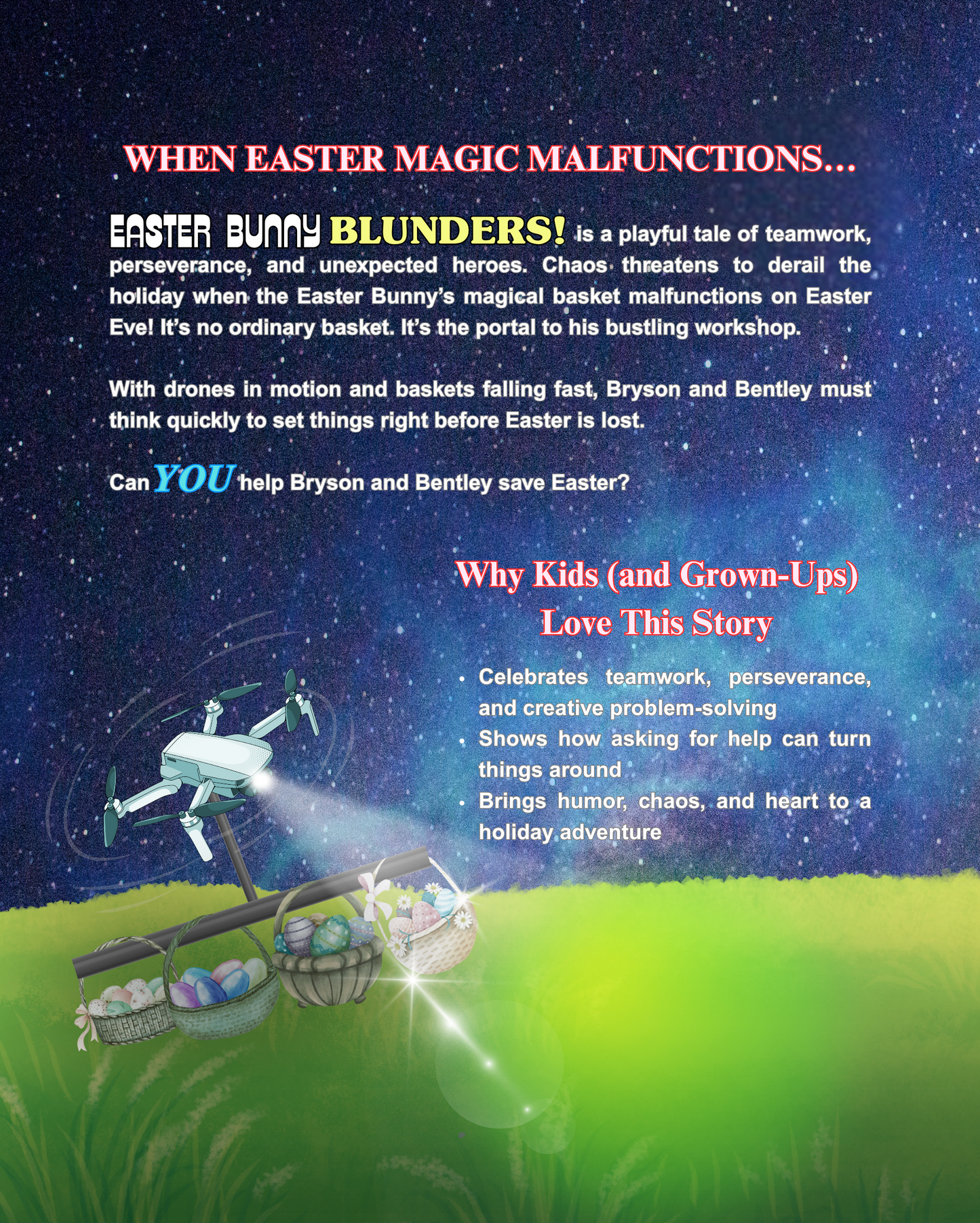 Back cover of Easter Bunny Blunders by Jaybie D describing a humorous Easter adventure about teamwork, perseverance, problem solving, and saving Easter with drones and magical baskets