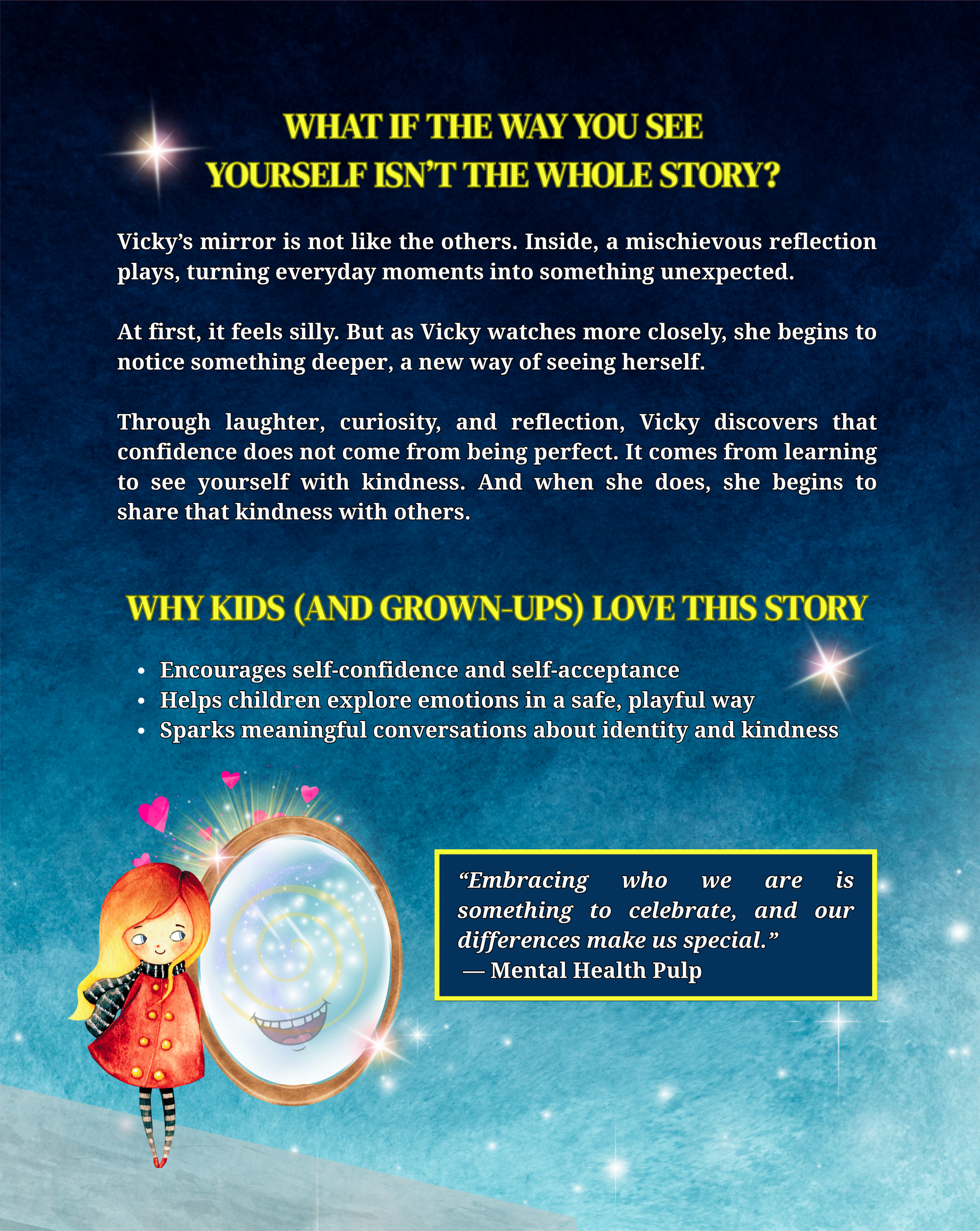 Back cover of Rascally Reflection by Jaybie D describing a magical mirror story about self-confidence, kindness, emotional awareness, and self-acceptance