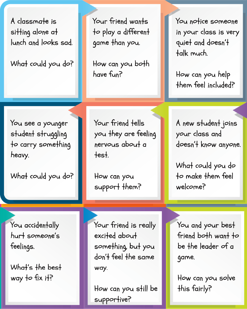 Set of colorful empathy prompt cards designed to spark classroom discussions about helping others and expressing emotions.