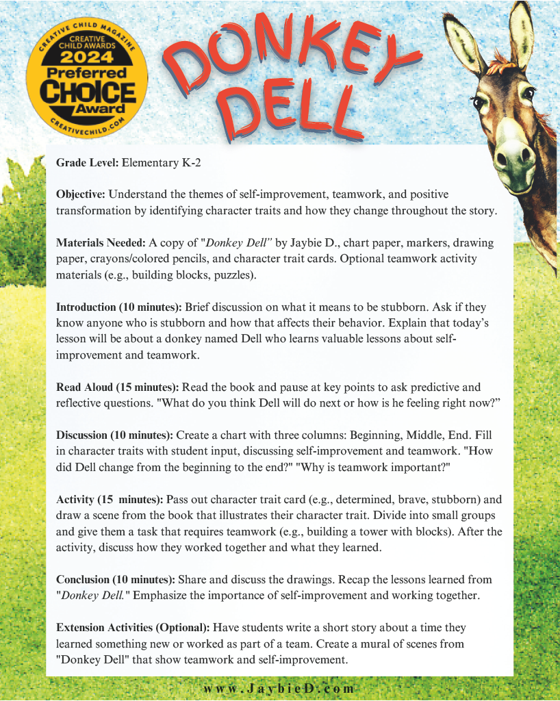 Educational lesson plan for elementary students titled 'Donkey Dell' by Jaybie D. Features a donkey illustration and activity instructions.