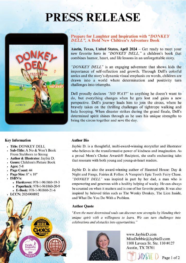 Page 1 press release for 'Donkey Deal' children's book by Jaybie D. with cover image and author information.