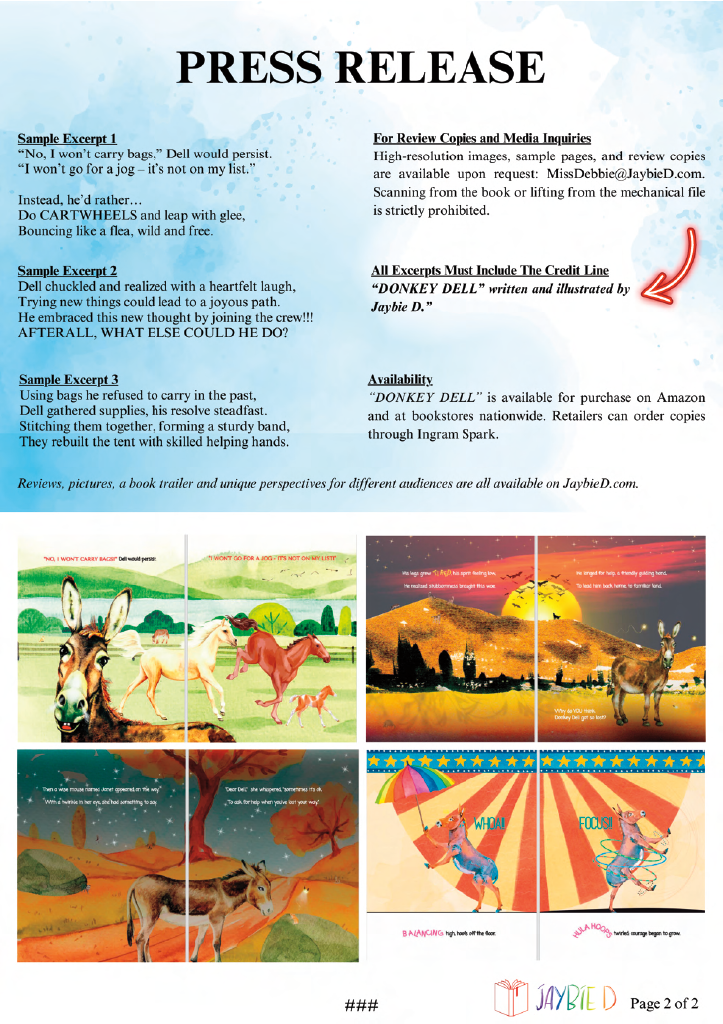 Page 2 press release for 'Donkey Deal' children's book by Jaybie D. with cover image and author information.
