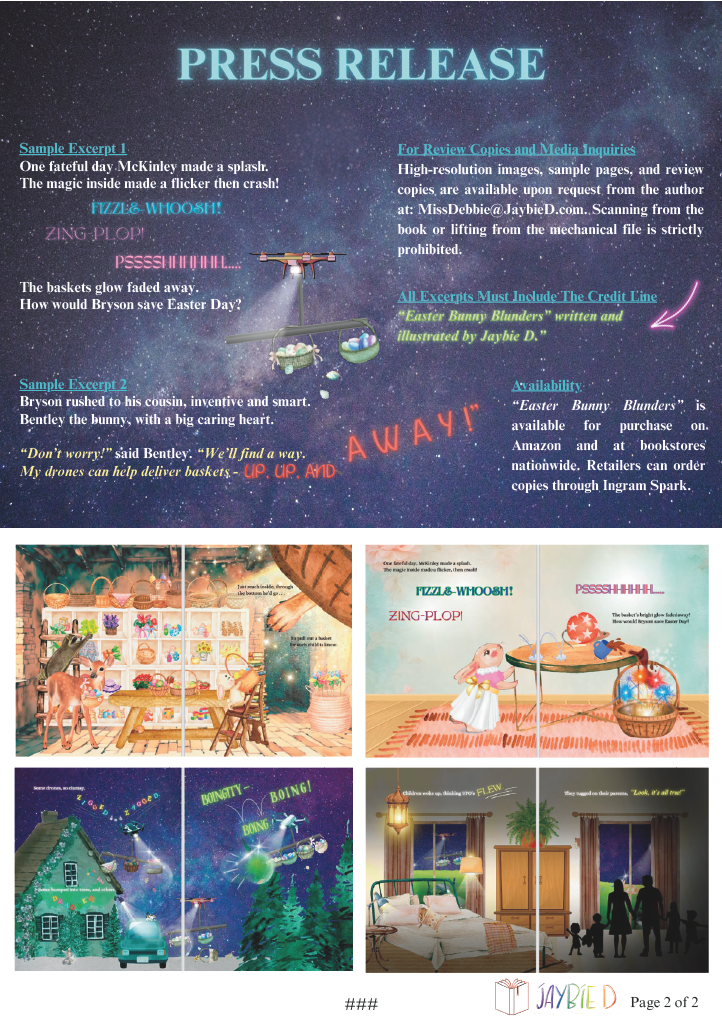 Page 2 of the press release for a the "Easter Bunny Blunders" children's book by Jaybie D. with promotional images and text.