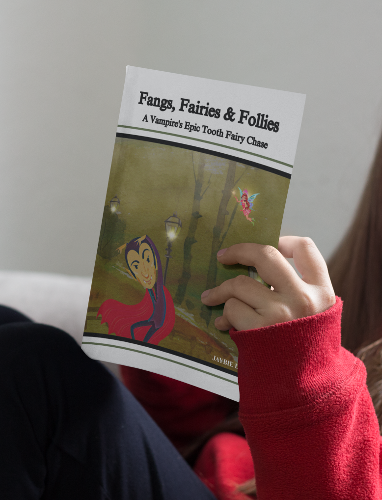 Child reading the Fangs, Fairies & Follies picture book by Jaybie D featuring a young vampire searching for the Tooth Fairy in a funny not-too-scary fantasy adventure