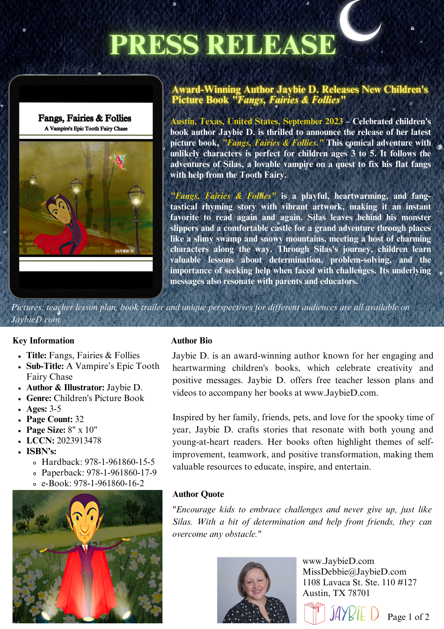 Page 1 press release for children's picture book 'Fangs, Fairies & Follies" by Jaybie D. A book with colorful illustrations and text.