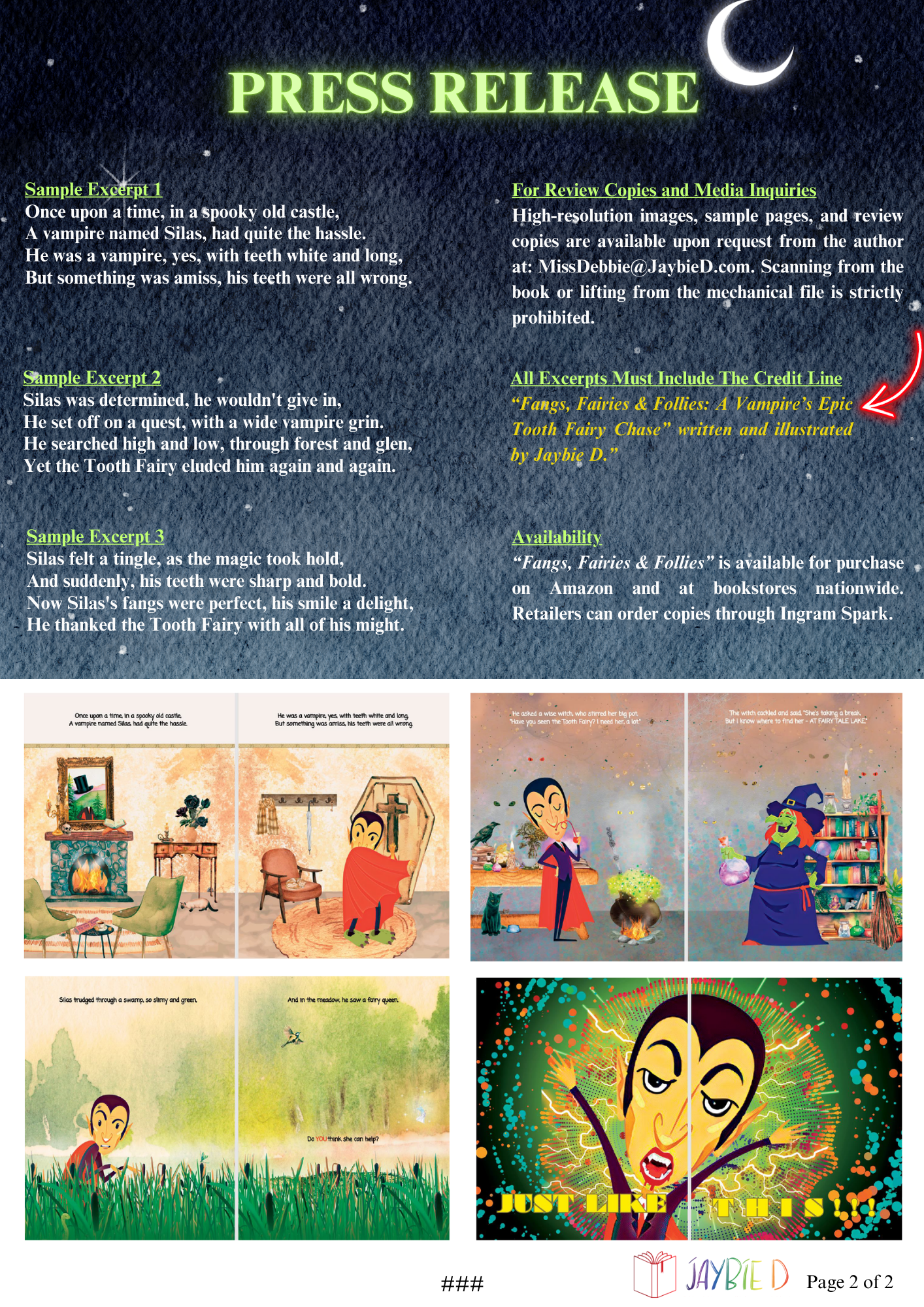 Page 2 press release for children's picture book 'Fangs, Fairies & Follies" by Jaybie D. A book with colorful illustrations and text.