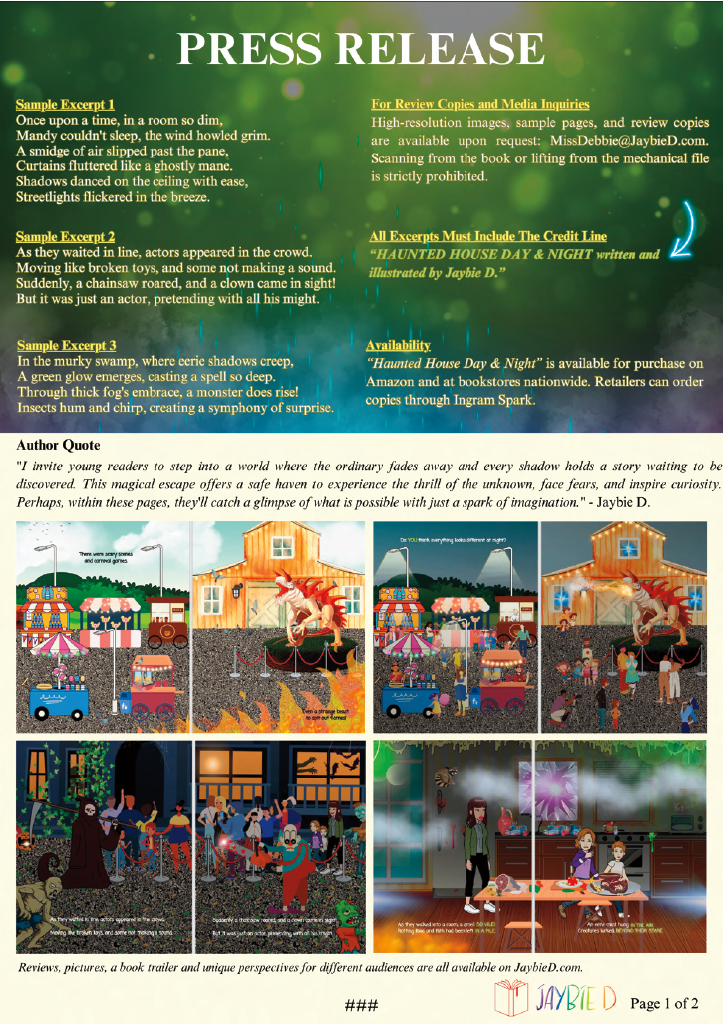 Page 2 press release for children's picture book 'Haunted House Day & Night' by Jaybie D.