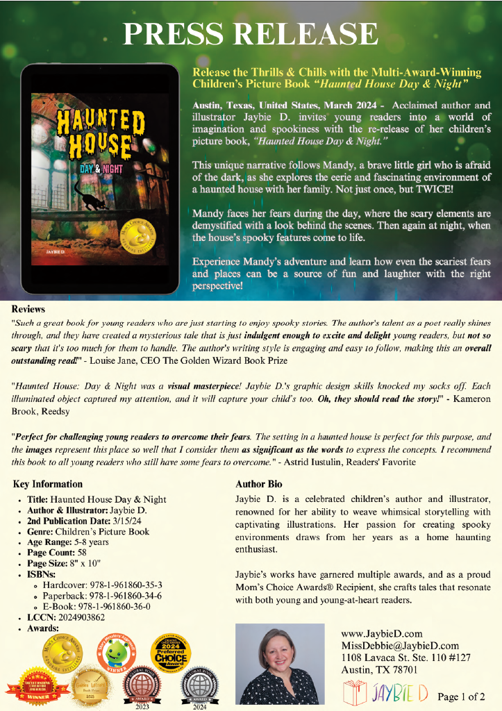 Page 1 press release for children's picture book 'Haunted House Day & Night' by Jaybie D.