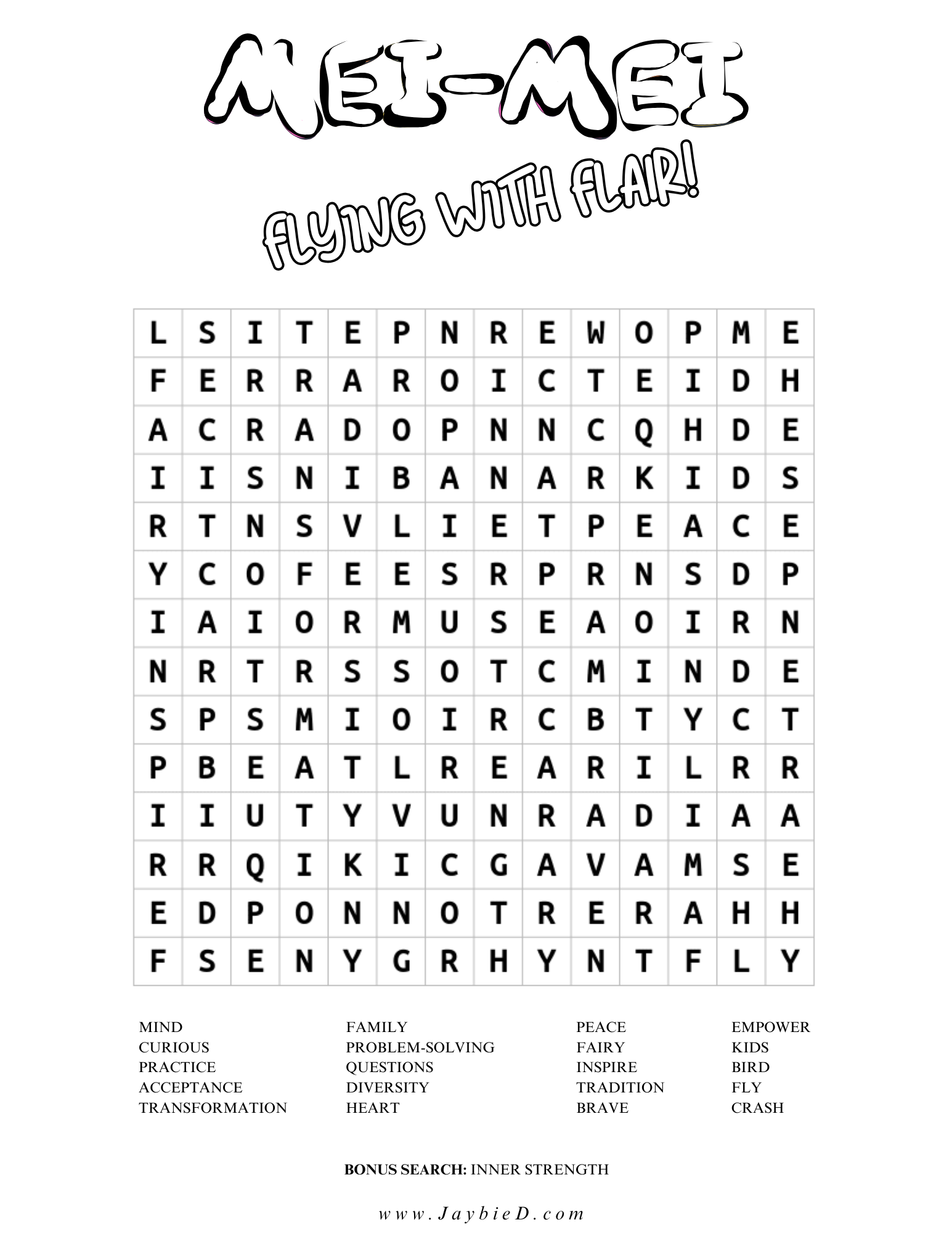 Printable word search from Mei-Mei Flying With Flair showing a themed word search with Mei-Mei’s name at the top.