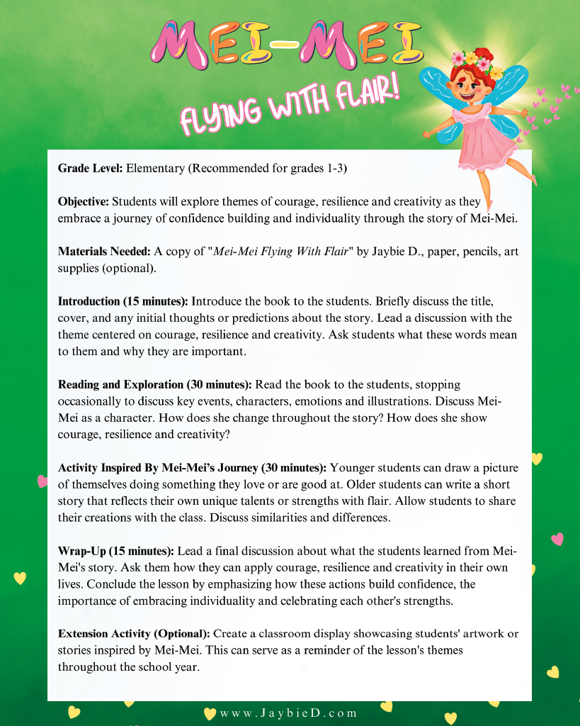 Cover page of the Mei-Mei Flying With Flair lesson plan featuring a green background with fairy illustrations and downloadable classroom activities.