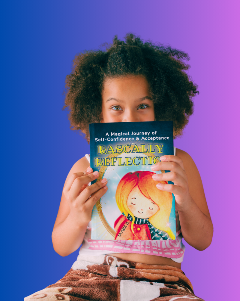 Child holding a book titled 'Rascally Reflection' by Jaybie D. against a gradient blue and purple background